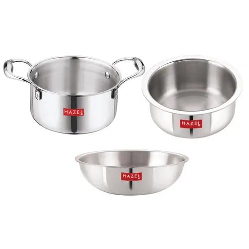 HAZEL Triply Stainless Steel Induction Bottom Tope and Tope with Handle 3.6 Litre, Tasra 1.5 Litre