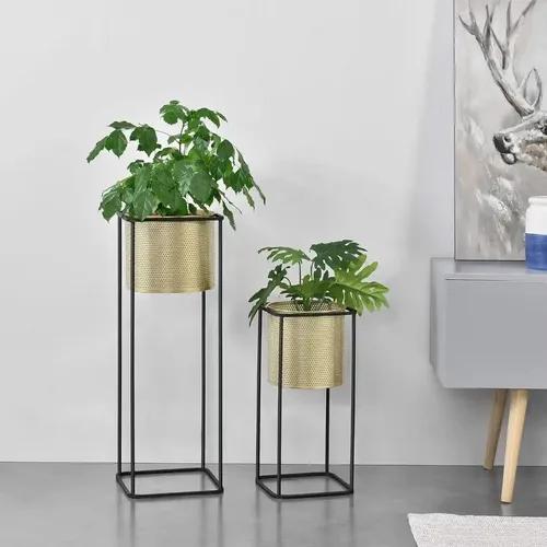 AMASS HANDICRAFTS Modern metal decorative floor standing indoor outdoor plant stand with pot for home decor living room office bedroom balcony ( set of 2)