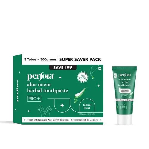 PERFORA Aloe Neem Herbal Toothpaste - 300 g (100g x 3)| Enamel Safe Teeth Whitening Toothpaste for Men & Women | Formulated With Papain & Bromelain Enzyme | Helps Prevent Teeth Cavities | SLS Free