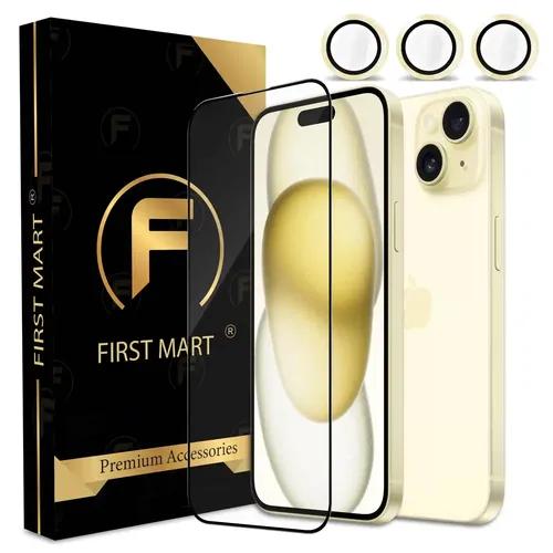 FIRST MART for iPhone 15 Plus Tempered Glass and 1 Set of Individual Yellow Camera Rings Protectors, 2.5D Curved Edges, Full-Coverage Military-Grade Protection, Scratch Resistant | Yellow Rings