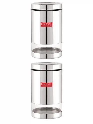 HAZEL Stainless Steel Containers Set For Kitchen Storage Transparent See Through Glossy Finish Storage Jars Dabba, Set of 2, 1300 ML Each, Silver