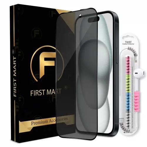 FIRST MART Privacy Tempered Glass for iPhone 15 Edge to Edge Full Screen Coverage & Cable Protector & Easy Installation Kit