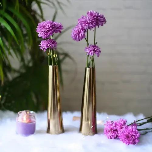 Behoma Golden Metal Slim Cone Flower Vase for Home Decor Bedroom Living Room Office Wedding | Table Decorative Item for Festivals Birthday (Flower Not Included) Small (Set of 2)