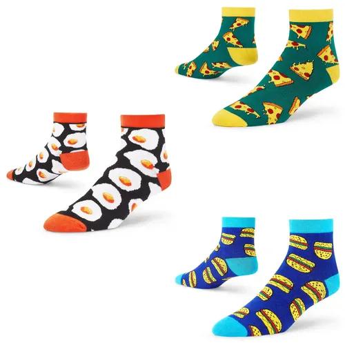 DYNAMOCKS Men's and Women's Combed Cotton Ankle Length Socks (Pack of 3) (Multicolour, Free Size)_Burger_Pizza_SSU