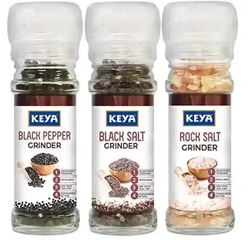 KEYA Combo of Black Pepper Grinder, 50 g, Black Salt Grinder 100 g and Rock Salt Grinder, 100 g