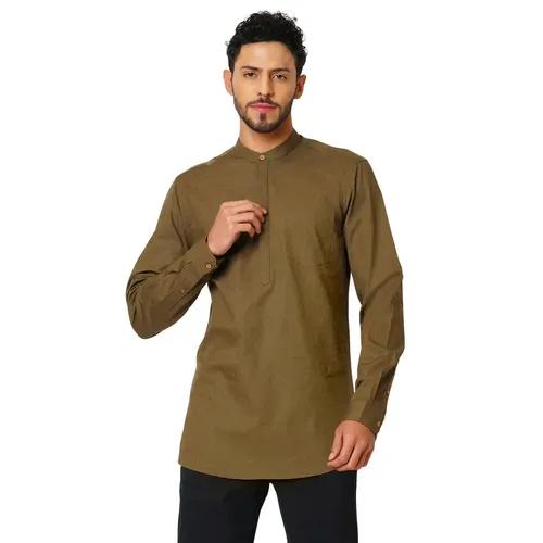 Indivisual Men's Premium Cotton Solid Khaki Shirt Kurta - S