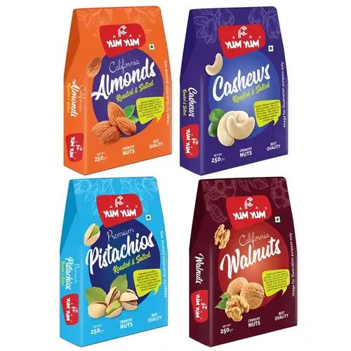 YUM YUM Premium Dry Fruits Combo Pack of 4 | California Roasted Almonds 250g, Roasted Cashew 250g,Roasted Salted Pistachios 250g, Walnut Kernels 250g| Total 1kg | Healthy Dry Fruits Snacks | kaju, Badam, Pista, Akhrot Giri Combo