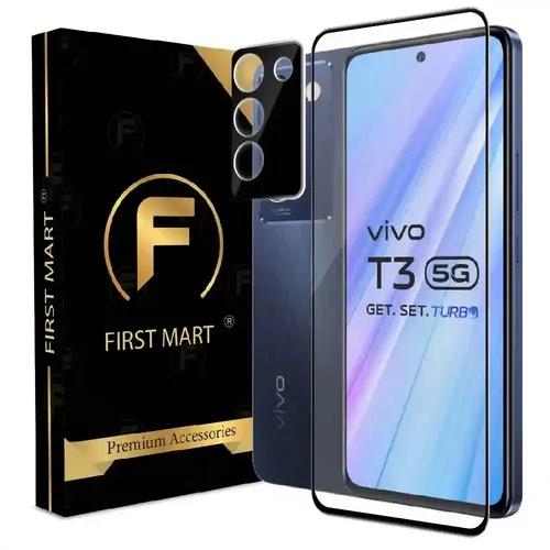 FIRST MART Tempered Glass and Camera Lens for Vivo T3 5G with Edge to Edge Screen Coverage and Easy Installation | Black